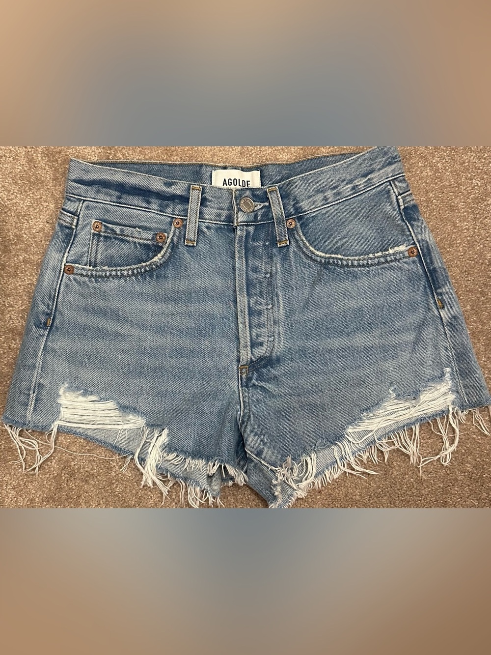 Agolde Light Blue Frayed Denim Cutoff Shorts